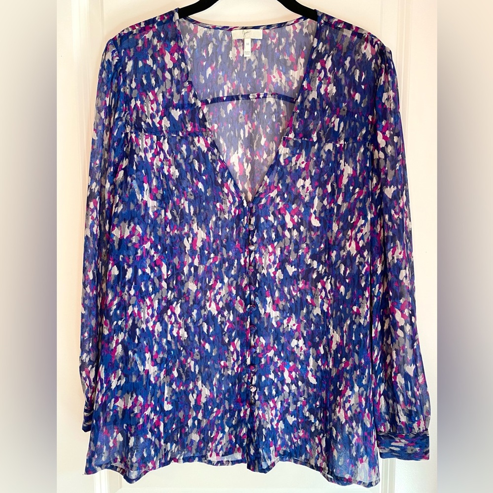 Joie Sheer Silk V-Neck Button Down Print Blouse Purple Size M